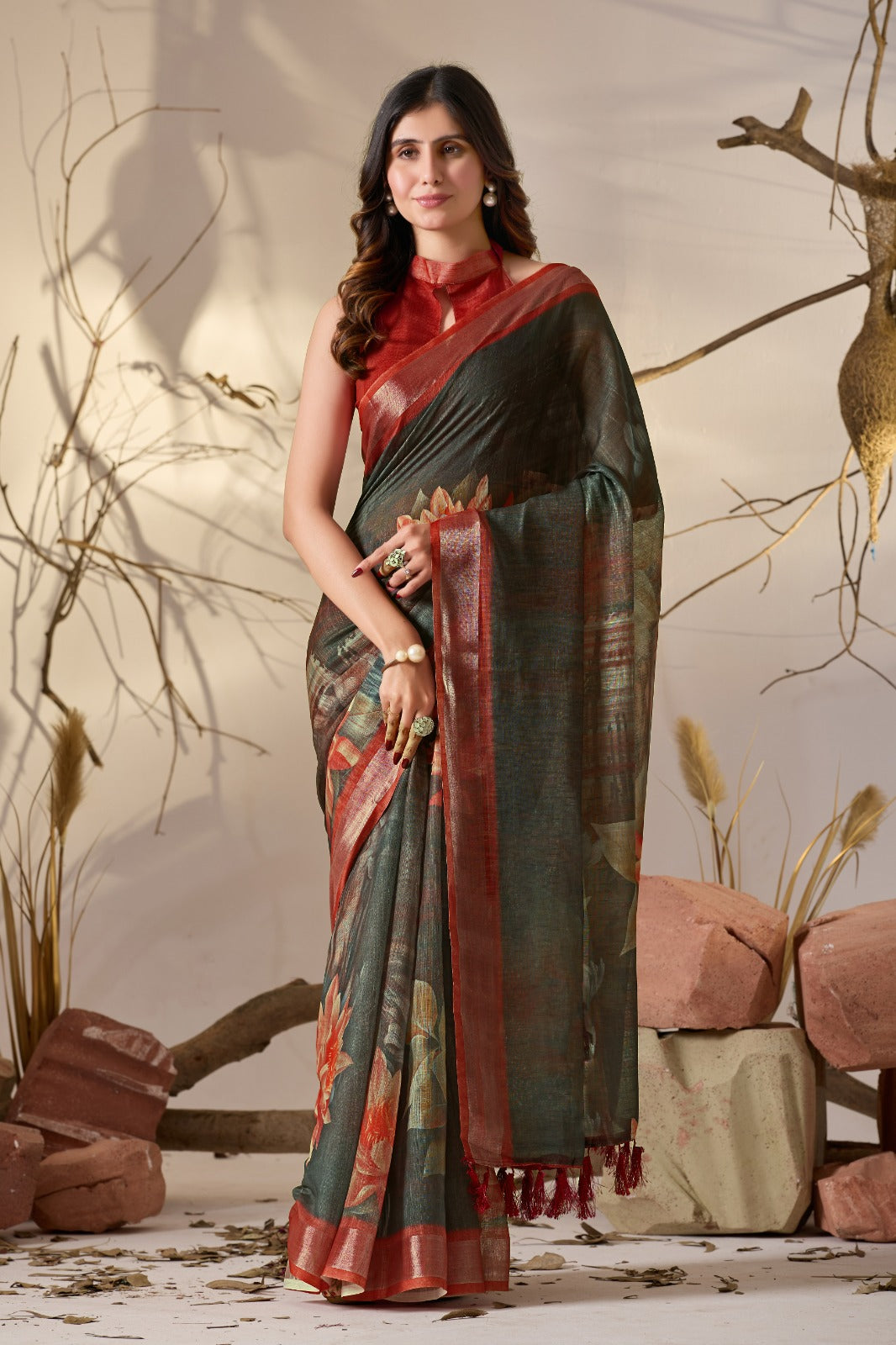 Women's Linen Cotton Saree in Charcoal Grey with Floral Digital Print and Rust Red Border