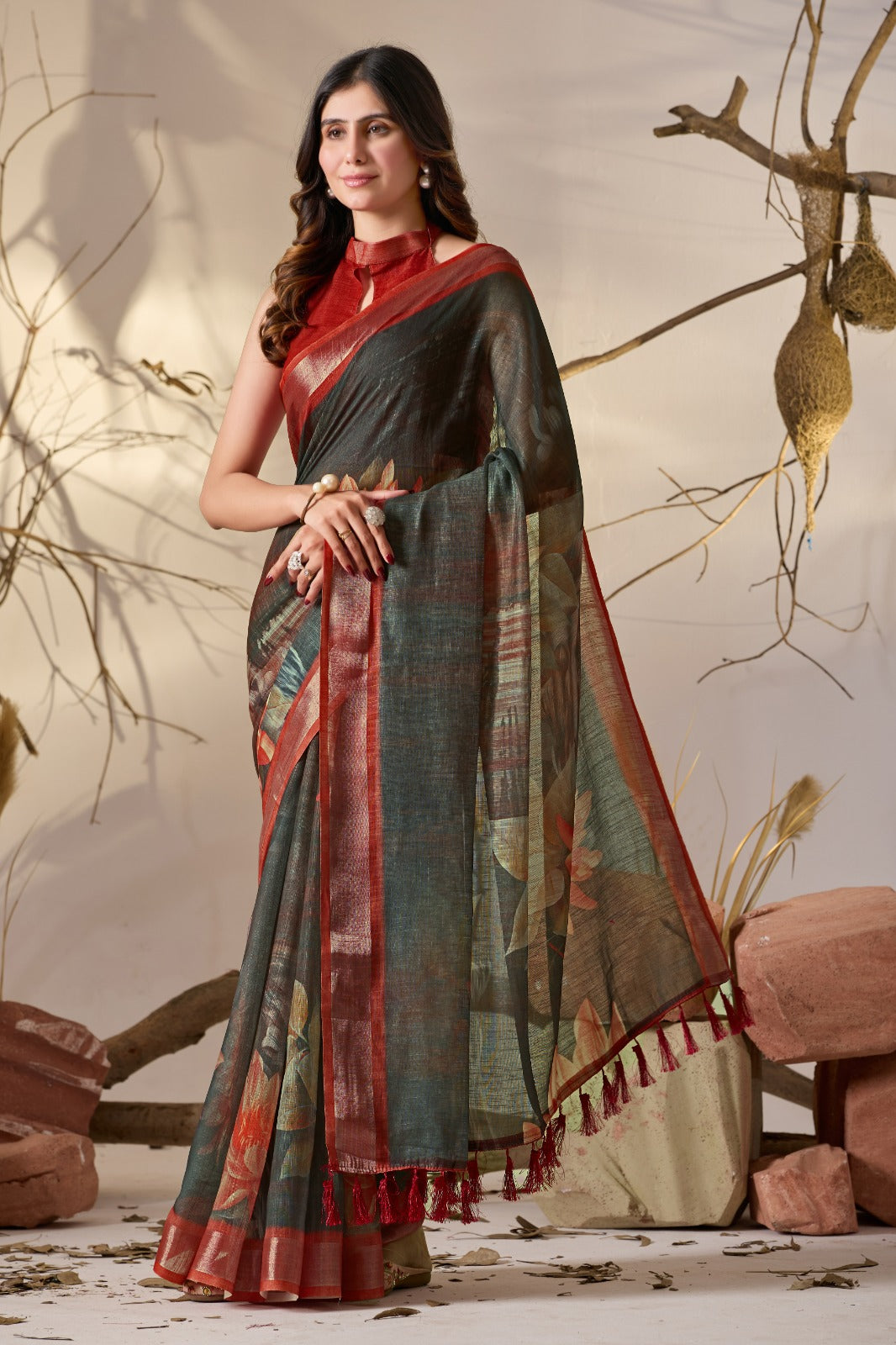 Women's Linen Cotton Saree in Charcoal Grey with Floral Digital Print and Rust Red Border