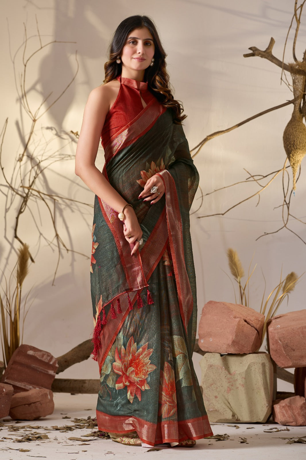 Women's Linen Cotton Saree in Charcoal Grey with Floral Digital Print and Rust Red Border