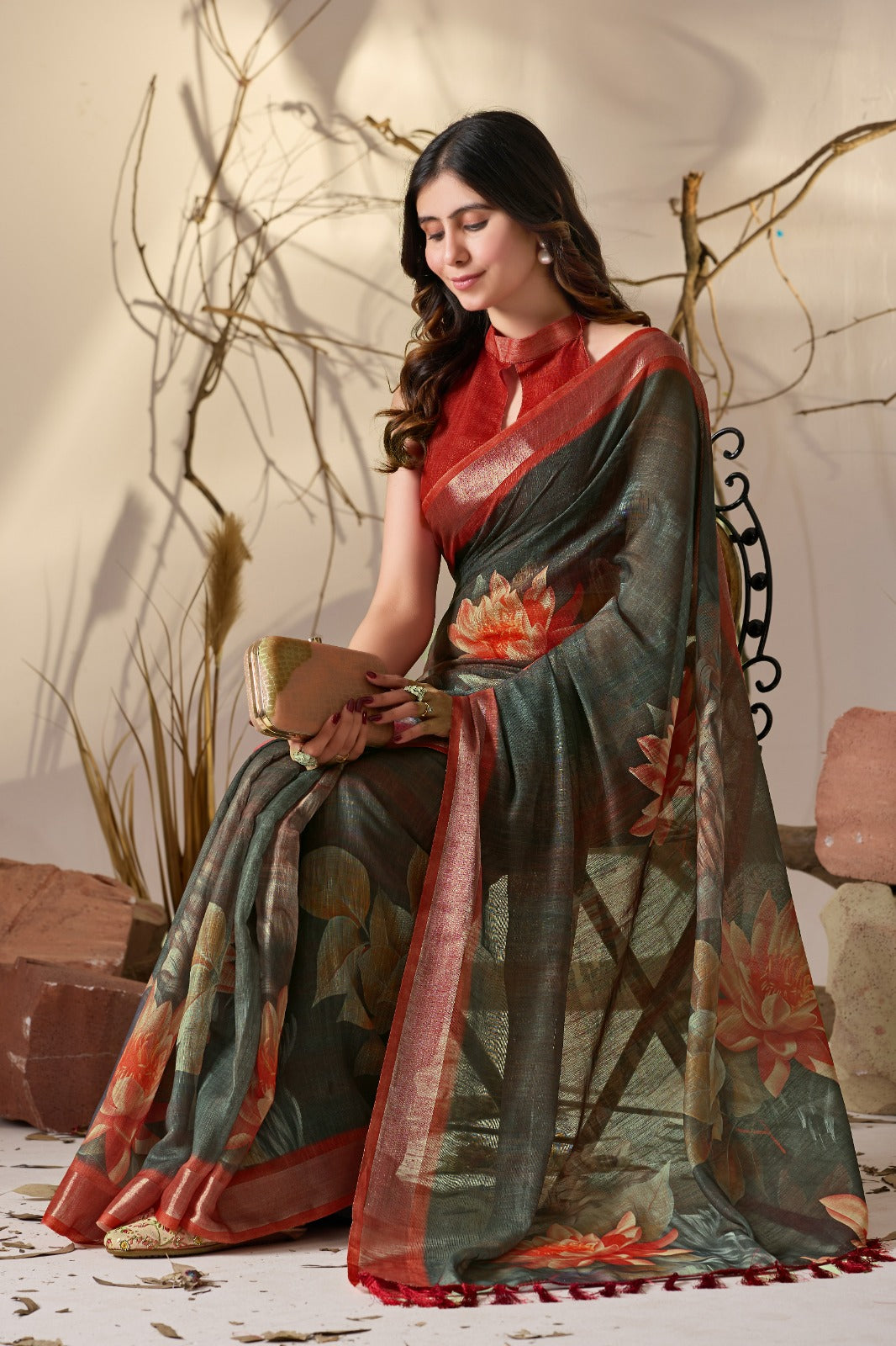 Women's Linen Cotton Saree in Charcoal Grey with Floral Digital Print and Rust Red Border