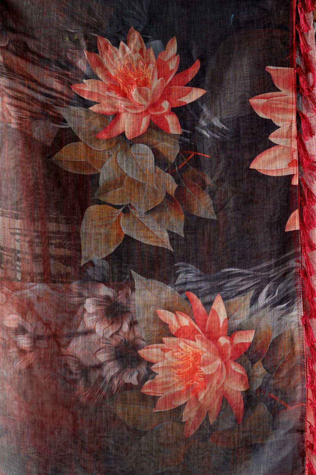 Women's Linen Cotton Saree in Charcoal Grey with Floral Digital Print and Rust Red Border