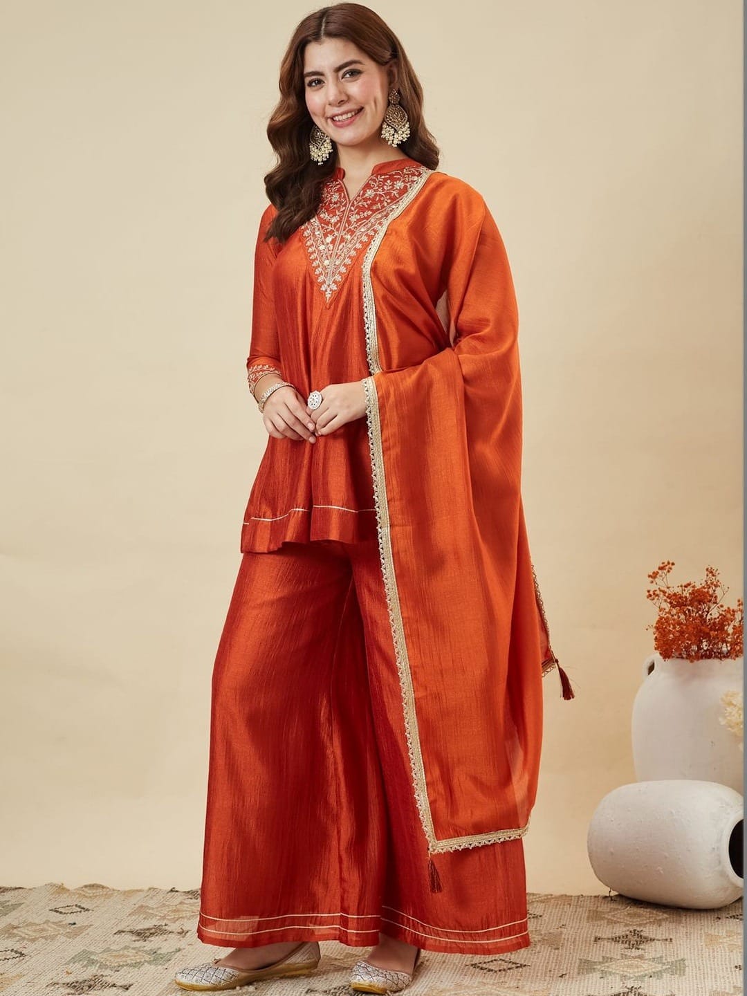 Women's Kurti Palazzo Dupatta Set in Assorted Colors Heavy Vichitra Silk with Sequence Coding Embroidery