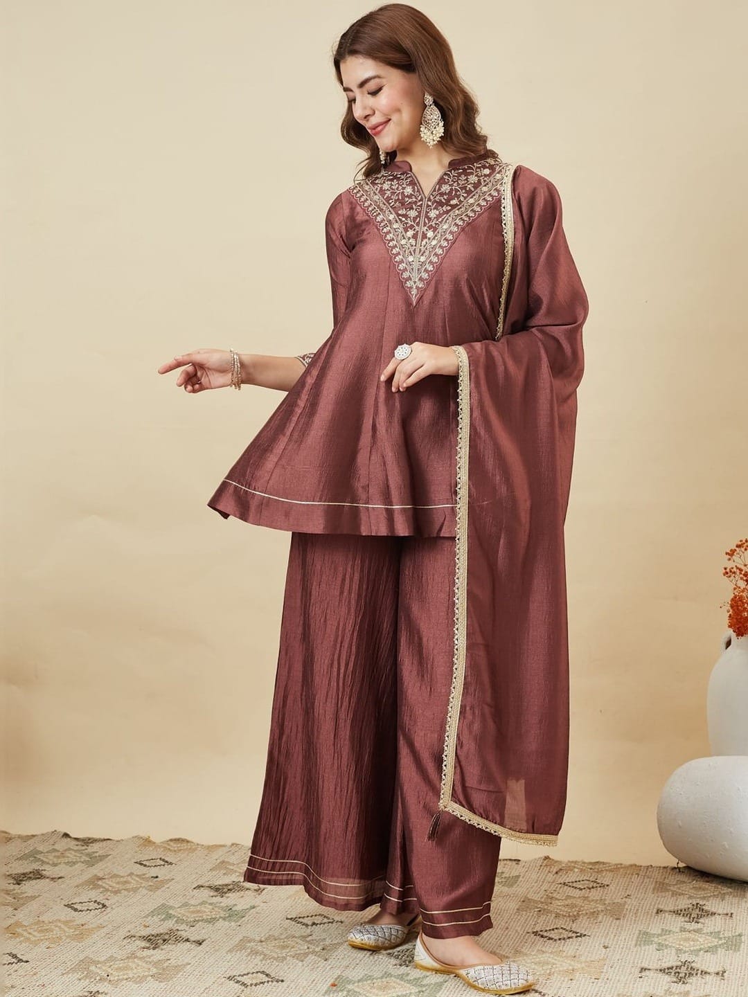 Women's Kurti Palazzo Dupatta Set in Assorted Colors Heavy Vichitra Silk with Sequence Coding Embroidery