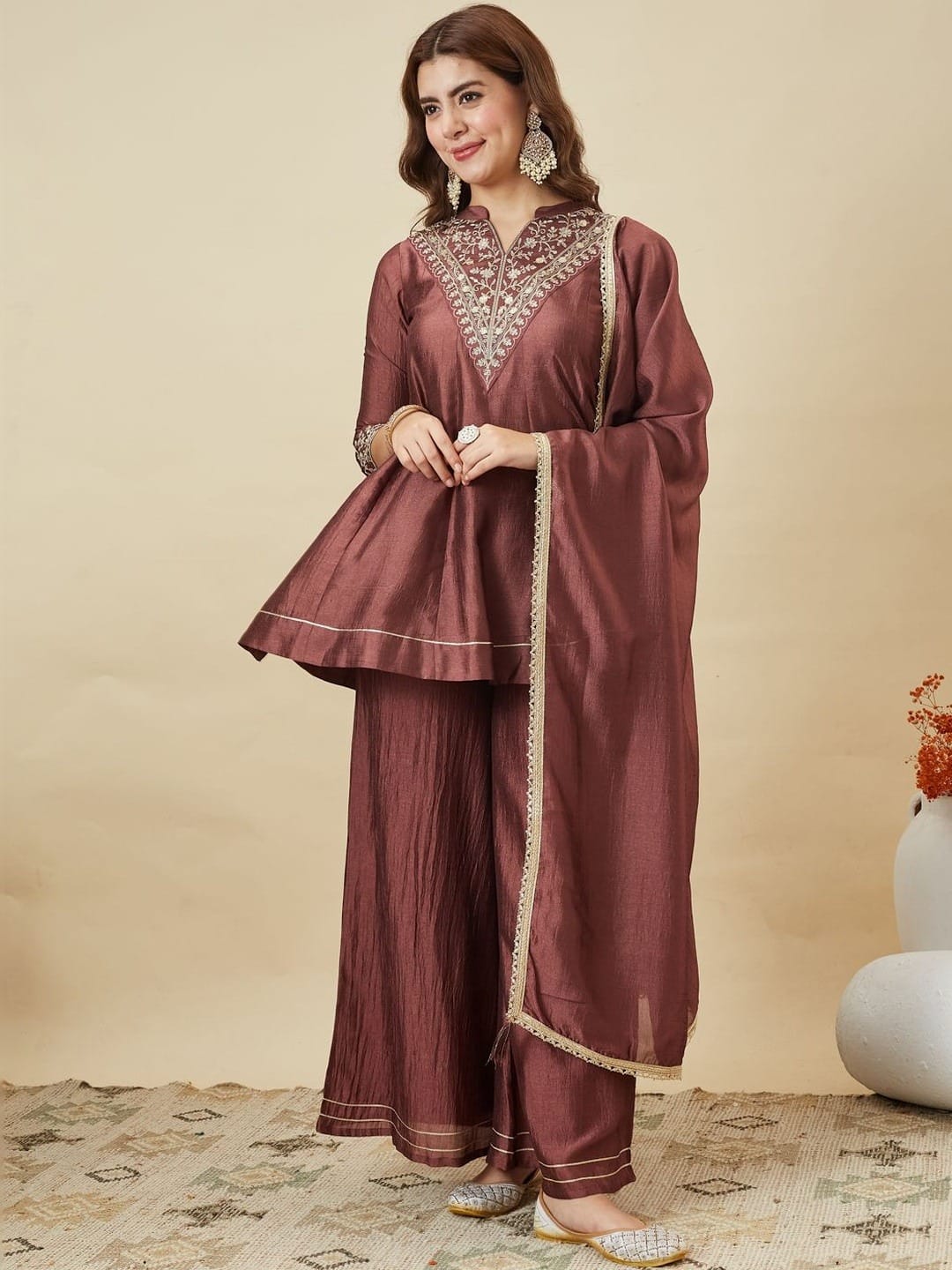 Women's Kurti Palazzo Dupatta Set in Assorted Colors Heavy Vichitra Silk with Sequence Coding Embroidery
