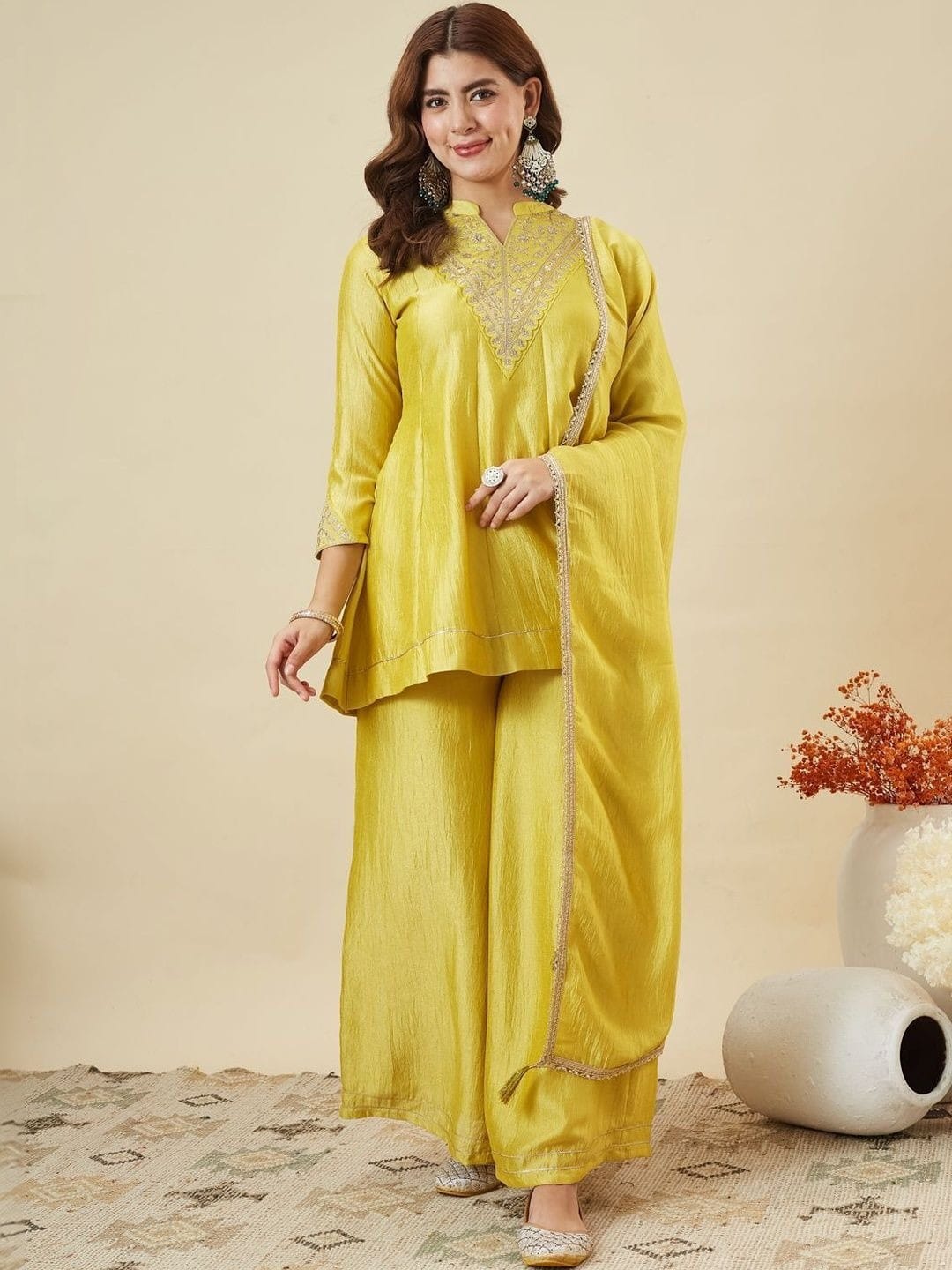 Women's Kurti Palazzo Dupatta Set in Assorted Colors Heavy Vichitra Silk with Sequence Coding Embroidery