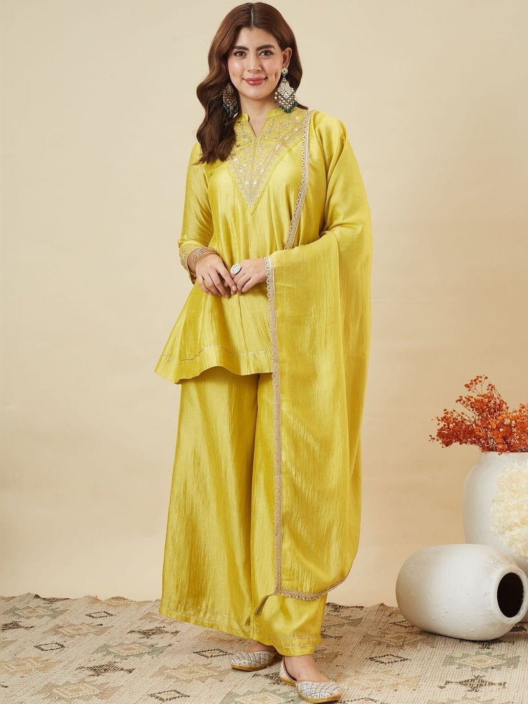Women's Kurti Palazzo Dupatta Set in Assorted Colors Heavy Vichitra Silk with Sequence Coding Embroidery