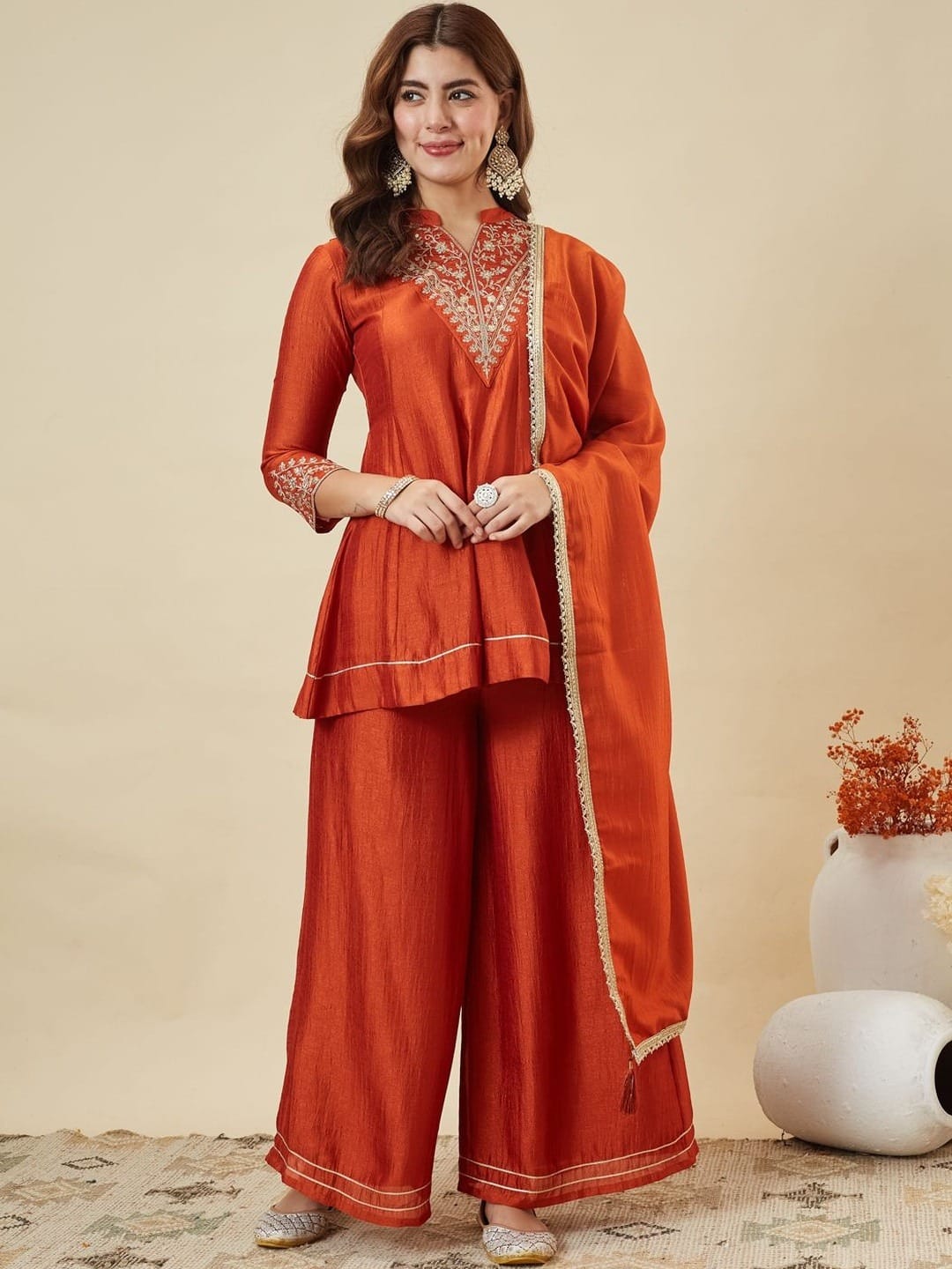 Women's Kurti Palazzo Dupatta Set in Assorted Colors Heavy Vichitra Silk with Sequence Coding Embroidery