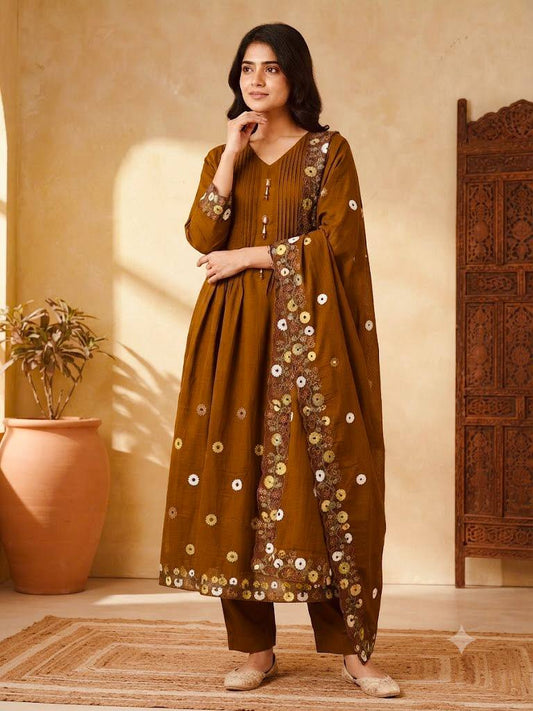 Women's Anarkali Kurti Set in Assorted Colors Mal Chanderi with Loop Embroidery and Handwork
