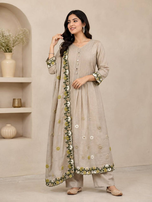 Women's Anarkali Kurti Set in Assorted Colors Mal Chanderi with Loop Embroidery and Handwork