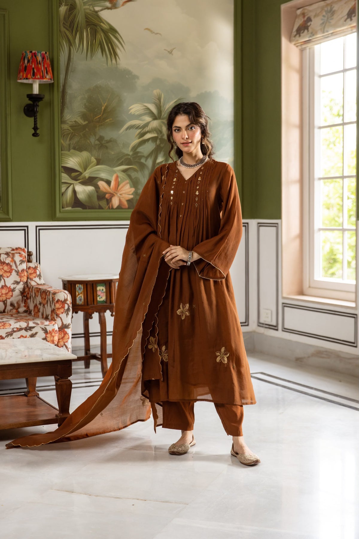 Women's 3 Piece Set in Brown Mul Chanderi with Floral Embroidery