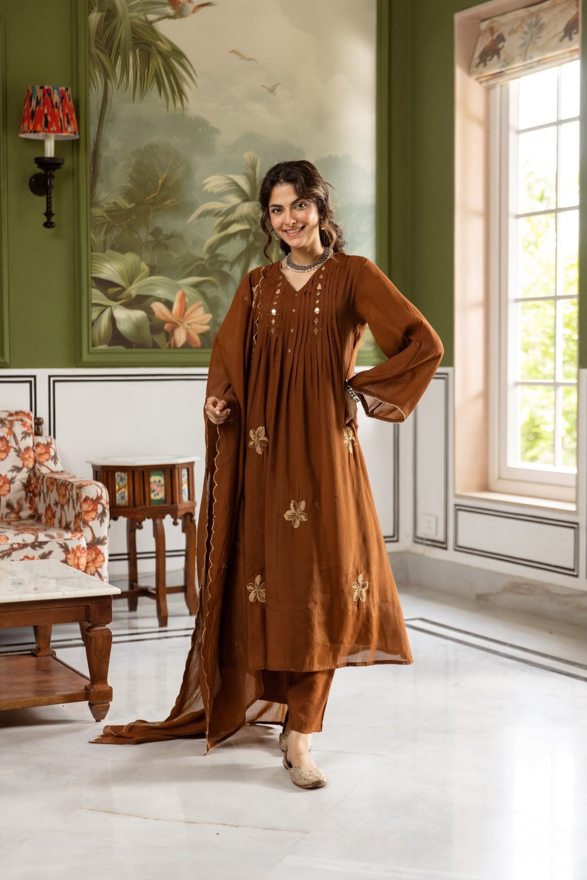 Women's 3 Piece Set in Brown Mul Chanderi with Floral Embroidery