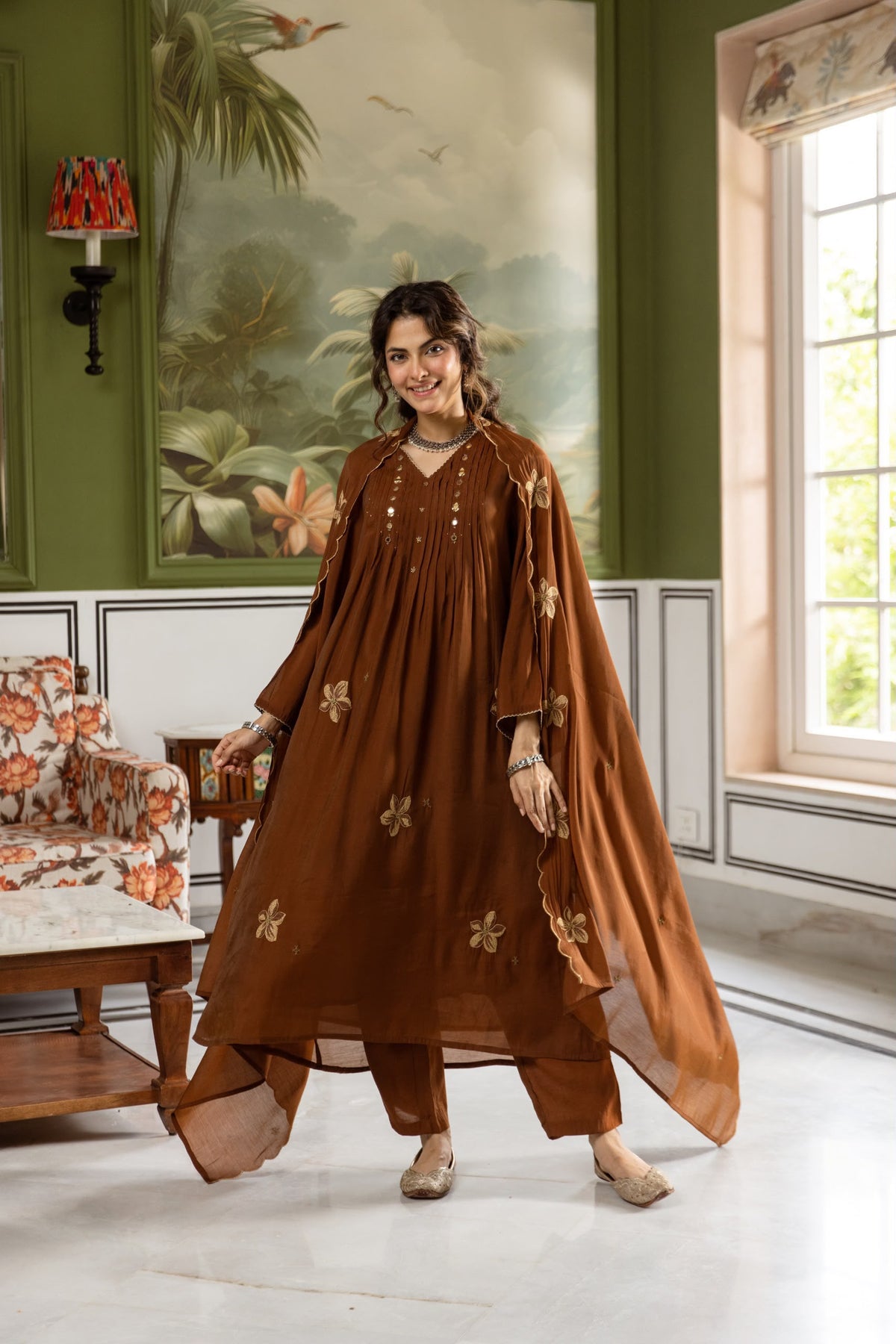 Women's 3 Piece Set in Brown Mul Chanderi with Floral Embroidery
