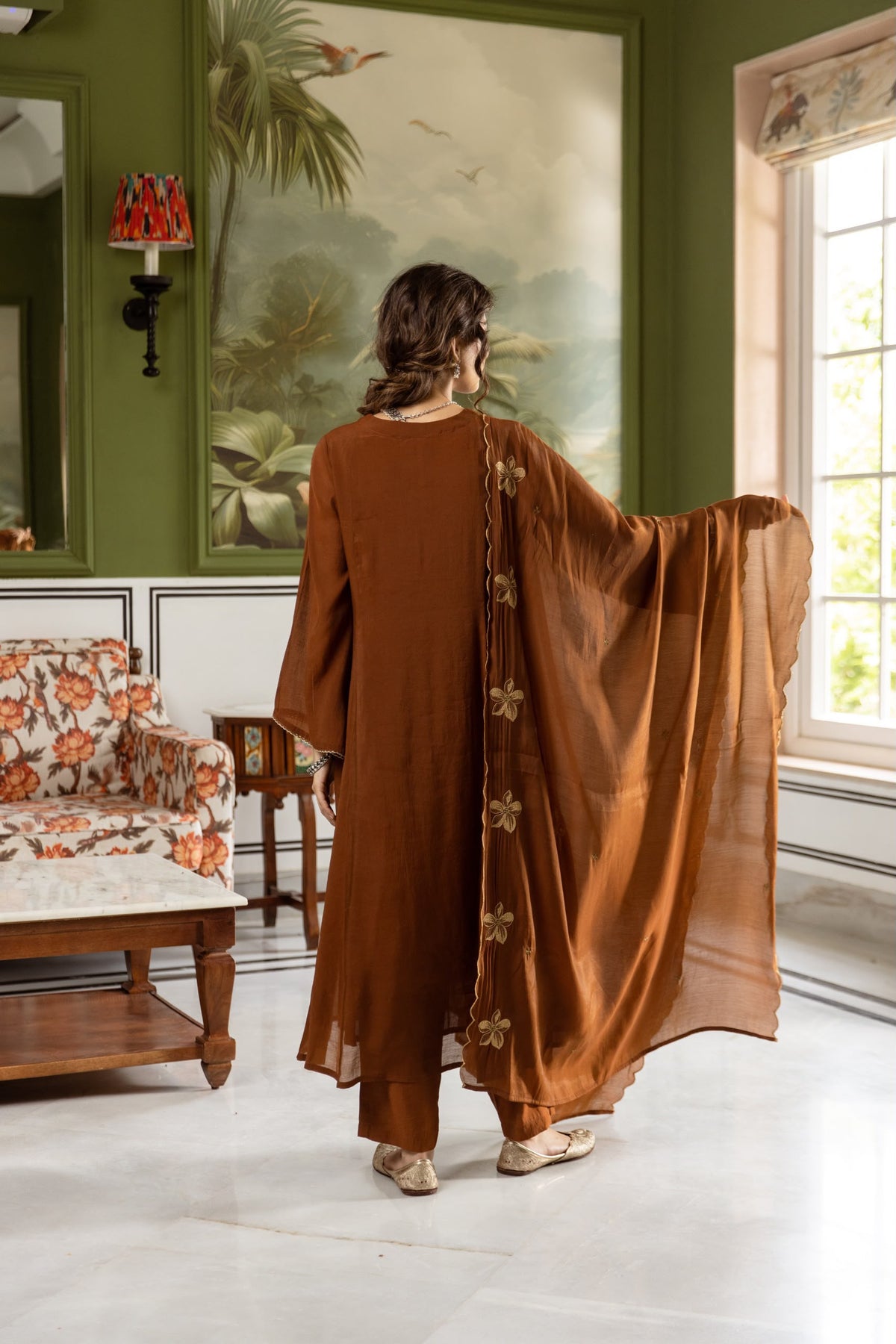 Women's 3 Piece Set in Brown Mul Chanderi with Floral Embroidery