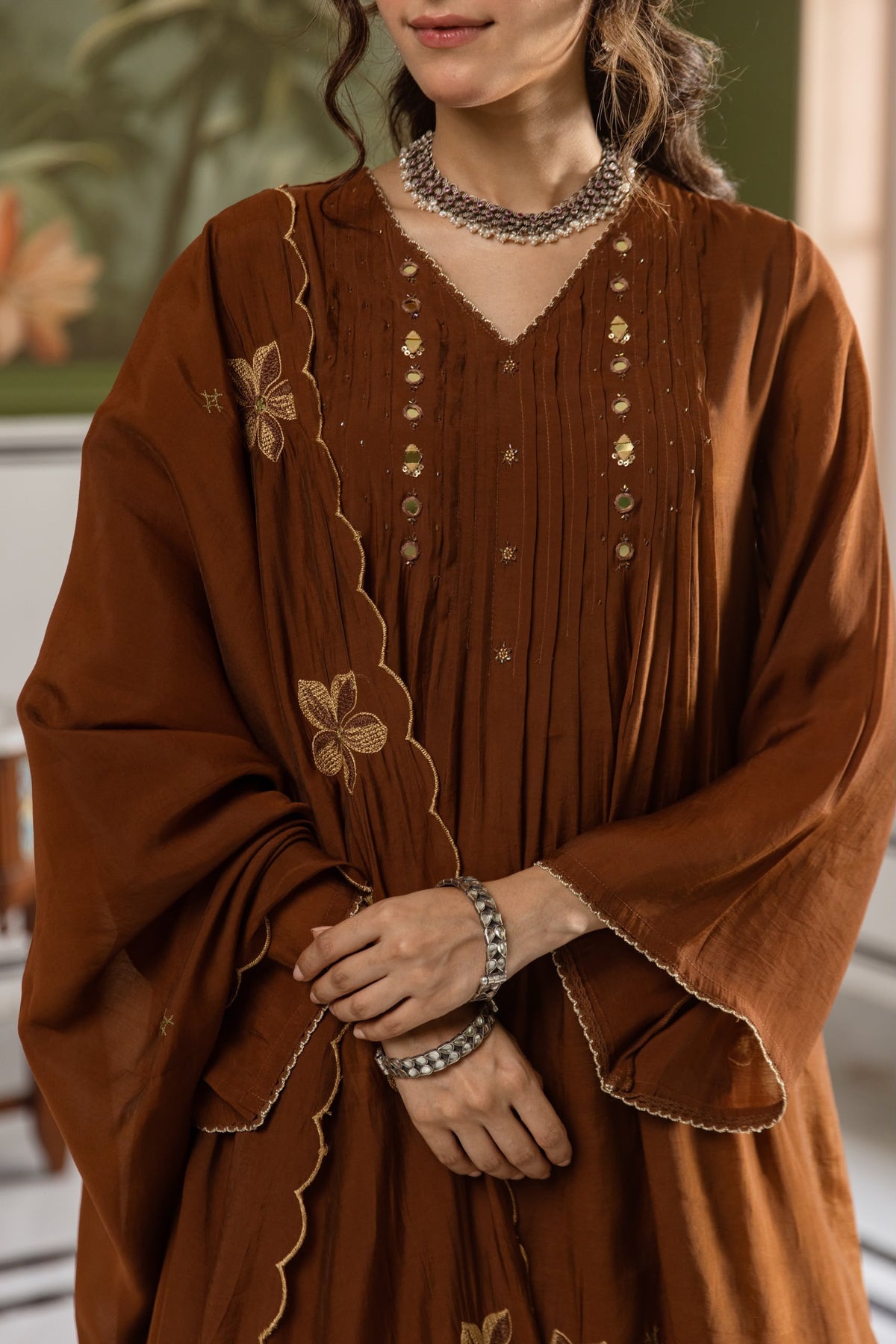 Women's 3 Piece Set in Brown Mul Chanderi with Floral Embroidery
