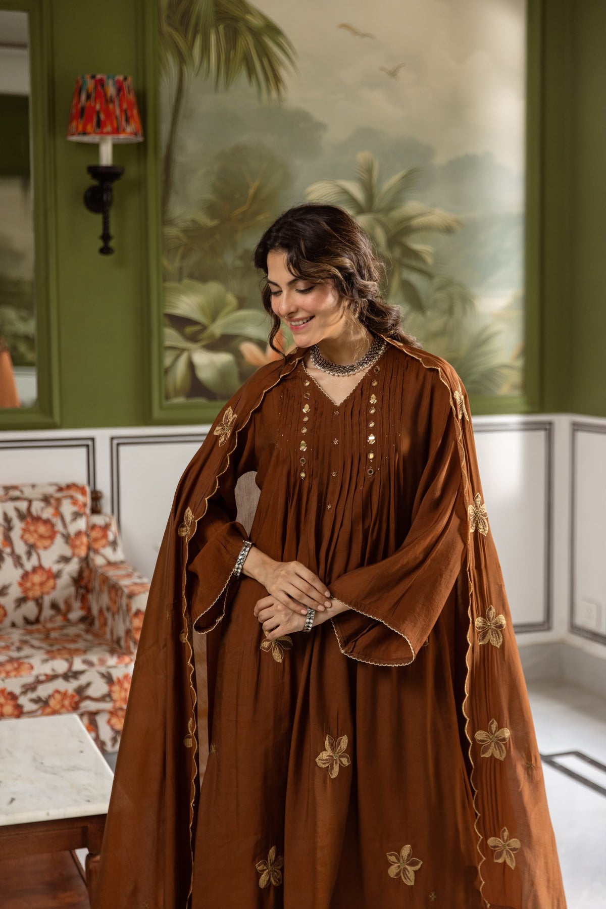 Women's 3 Piece Set in Brown Mul Chanderi with Floral Embroidery