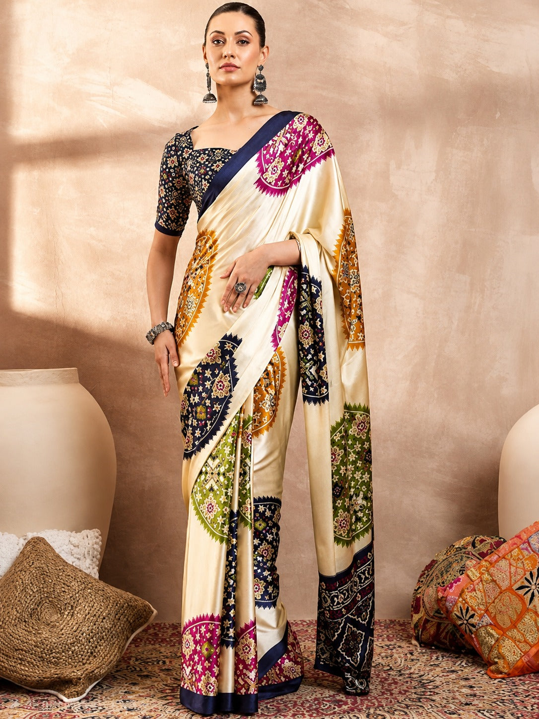 Women's Satin Silk Saree in Cream with Ajrakh-Inspired Digital Print