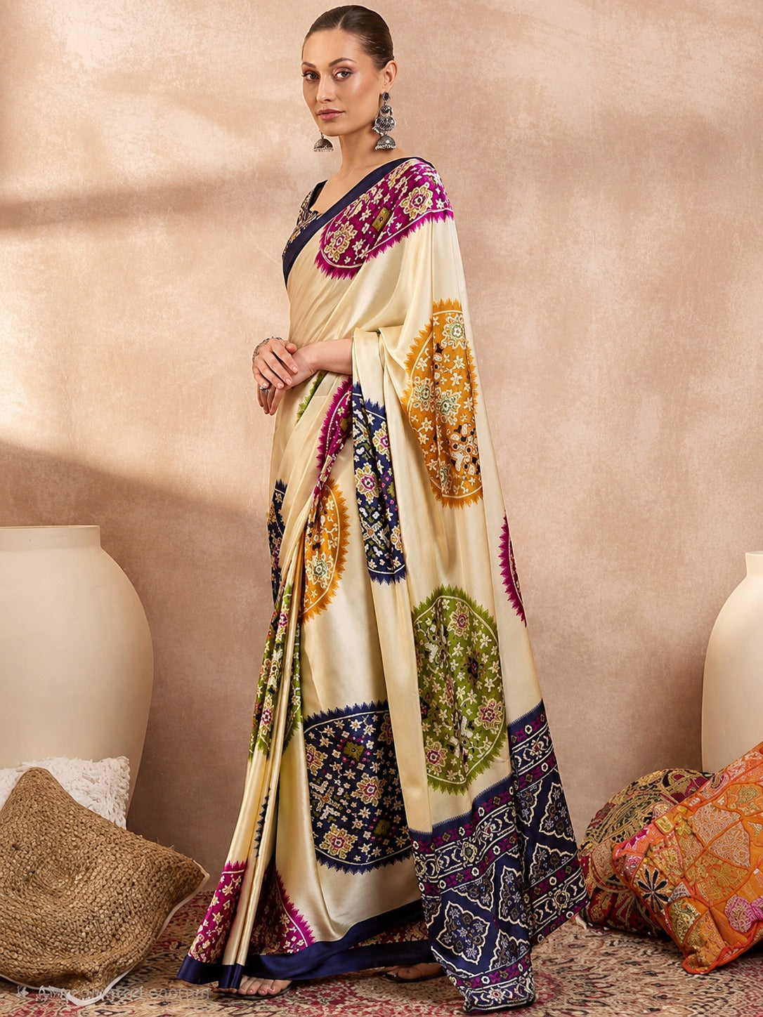 Women's Satin Silk Saree in Cream with Ajrakh-Inspired Digital Print