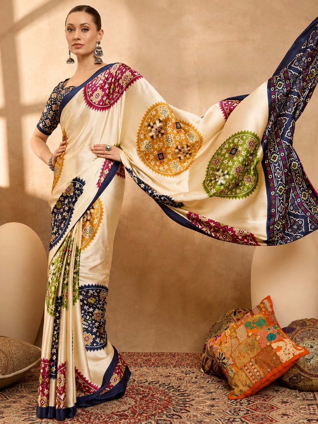 Women's Satin Silk Saree in Cream with Ajrakh-Inspired Digital Print