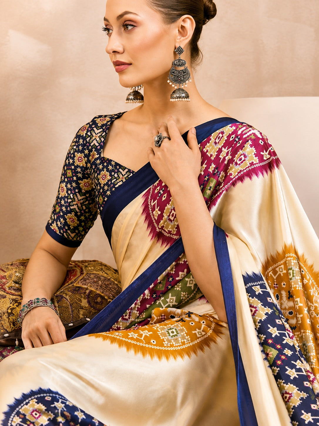 Women's Satin Silk Saree in Cream with Ajrakh-Inspired Digital Print
