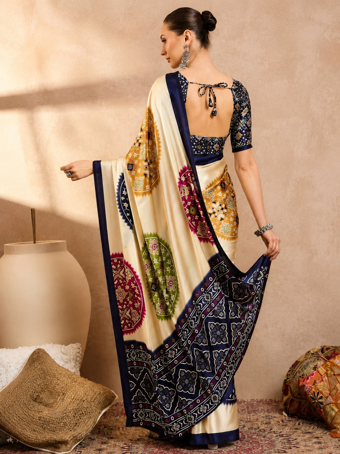 Women's Satin Silk Saree in Cream with Ajrakh-Inspired Digital Print