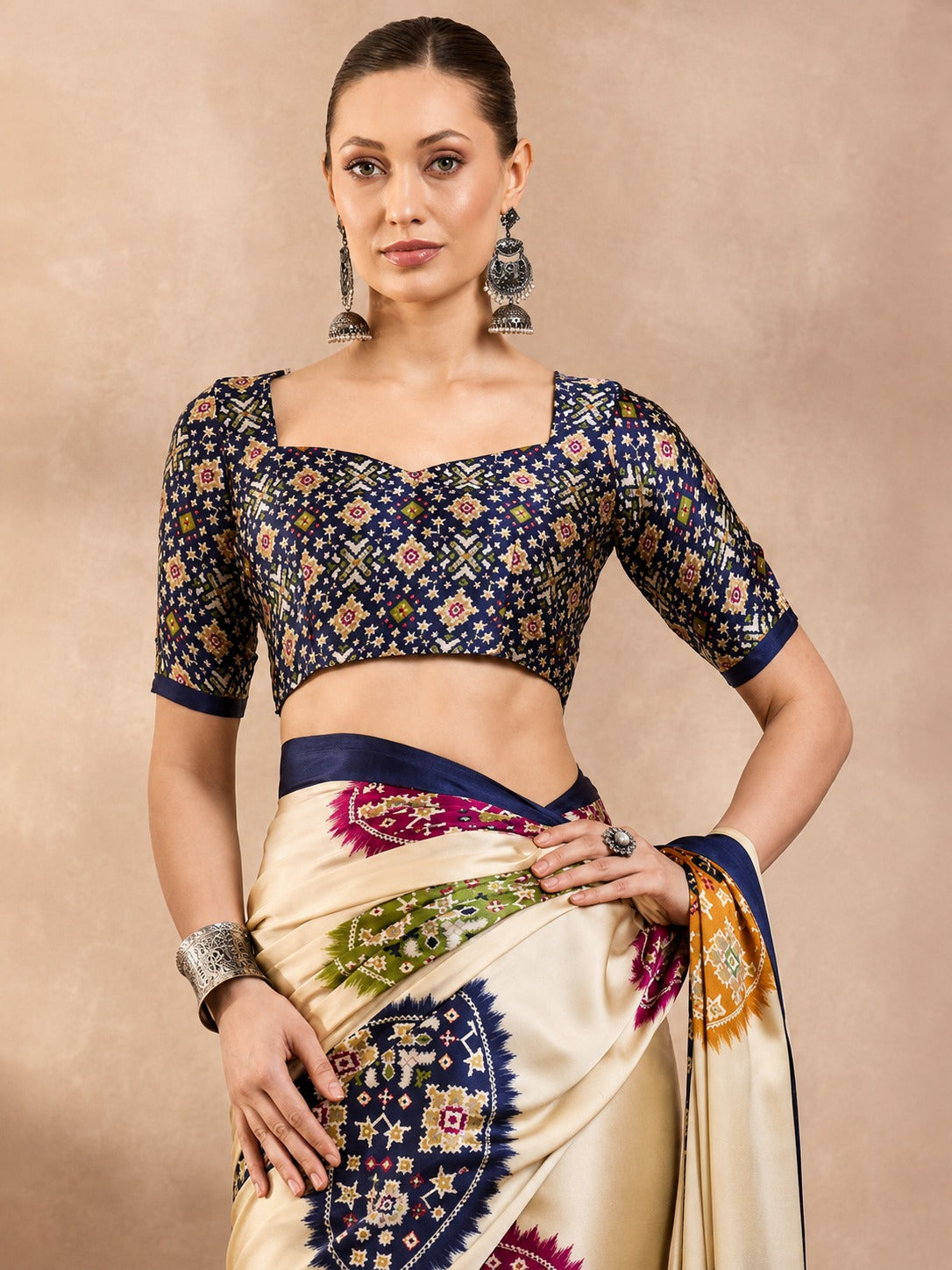 Women's Satin Silk Saree in Cream with Ajrakh-Inspired Digital Print