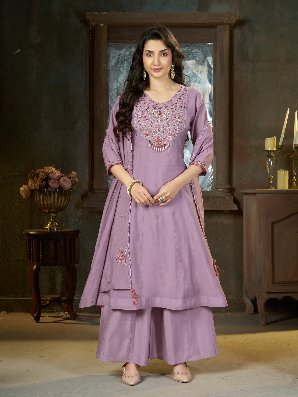 Women's Anarkali Kurti Set in Assorted Colors Mal Chanderi with Hand Embroidery