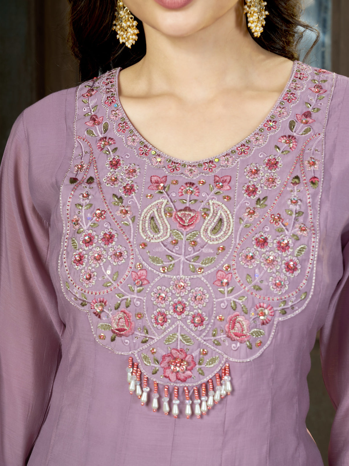 Women's Anarkali Kurti Set in Assorted Colors Mal Chanderi with Hand Embroidery