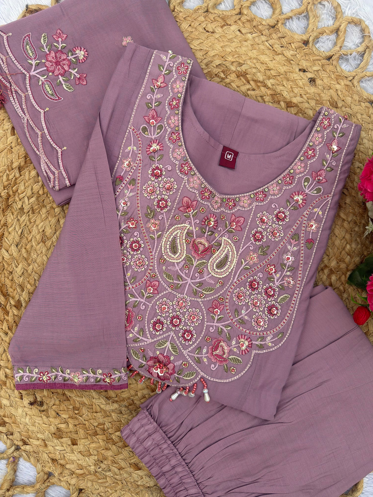 Women's Anarkali Kurti Set in Assorted Colors Mal Chanderi with Hand Embroidery