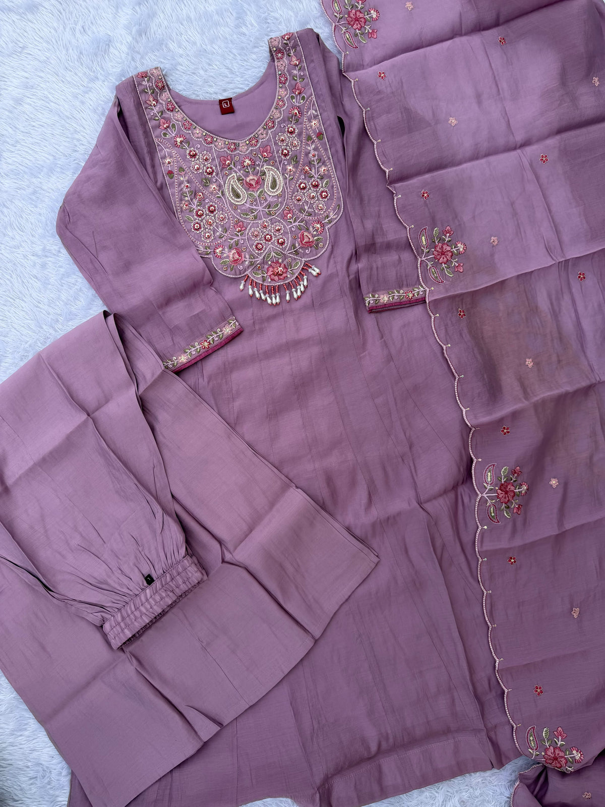 Women's Anarkali Kurti Set in Assorted Colors Mal Chanderi with Hand Embroidery