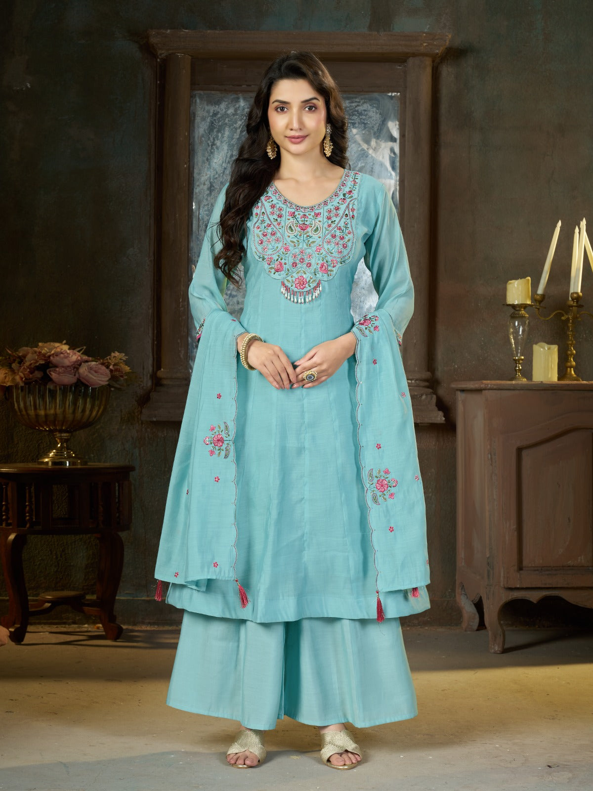 Women's Anarkali Kurti Set in Assorted Colors Mal Chanderi with Hand Embroidery