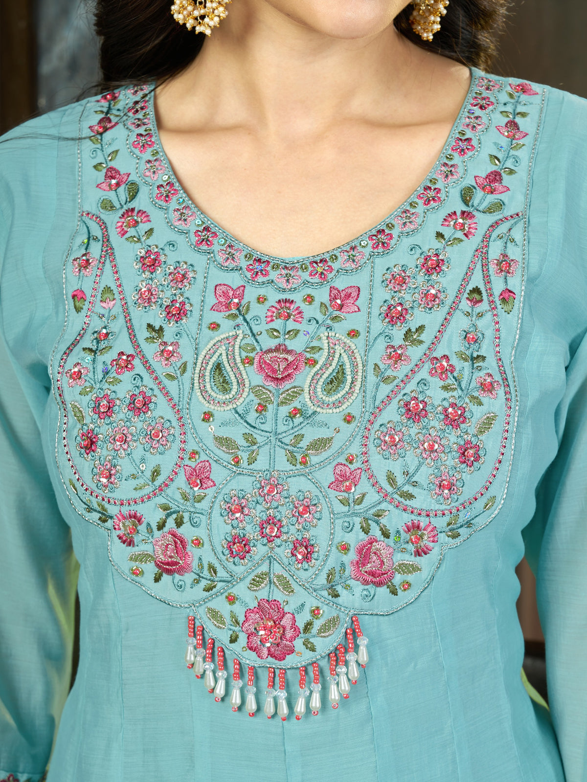 Women's Anarkali Kurti Set in Assorted Colors Mal Chanderi with Hand Embroidery