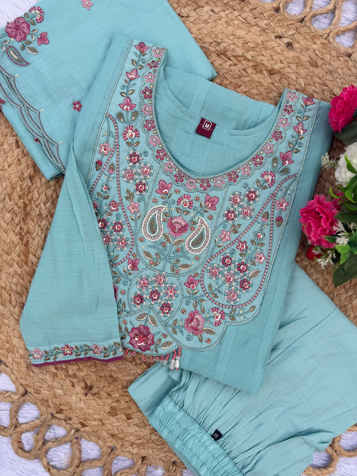 Women's Anarkali Kurti Set in Assorted Colors Mal Chanderi with Hand Embroidery