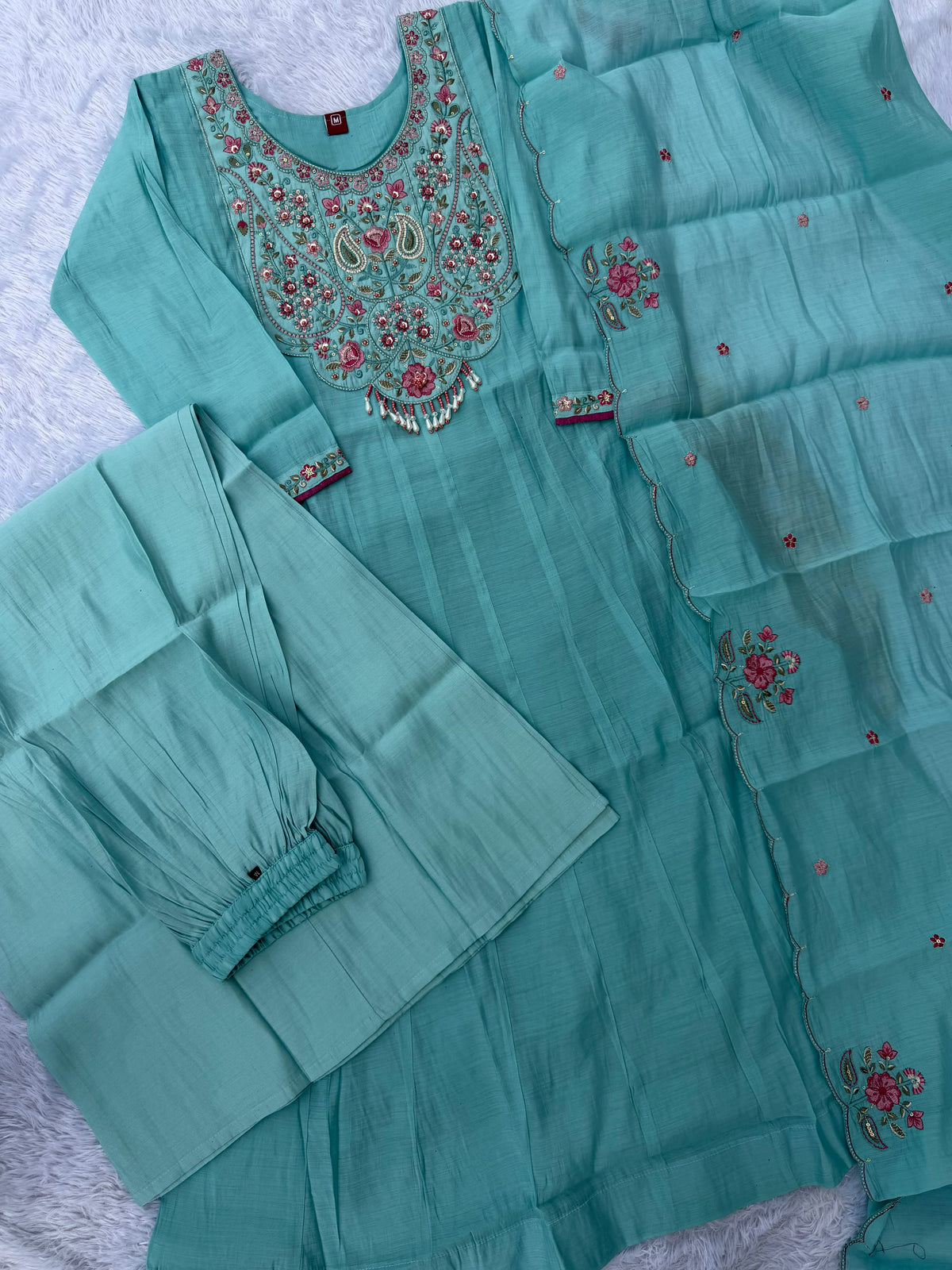 Women's Anarkali Kurti Set in Assorted Colors Mal Chanderi with Hand Embroidery
