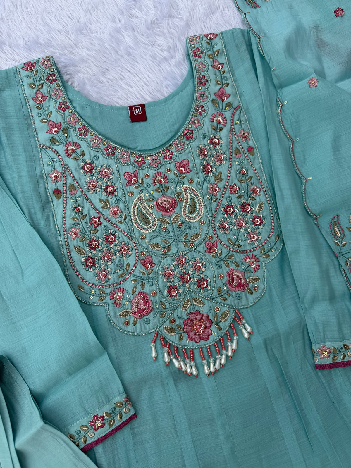 Women's Anarkali Kurti Set in Assorted Colors Mal Chanderi with Hand Embroidery