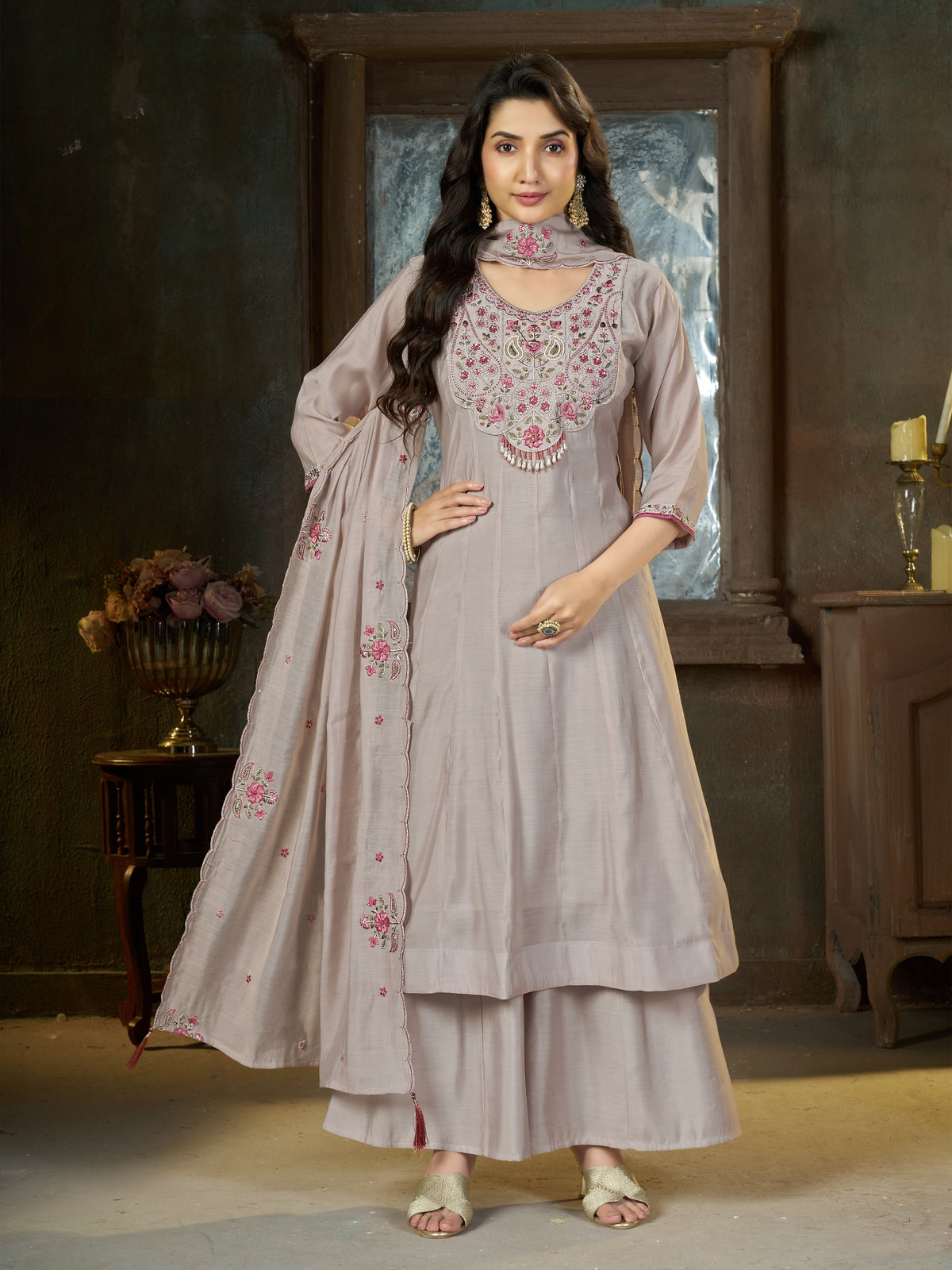 Women's Anarkali Kurti Set in Assorted Colors Mal Chanderi with Hand Embroidery