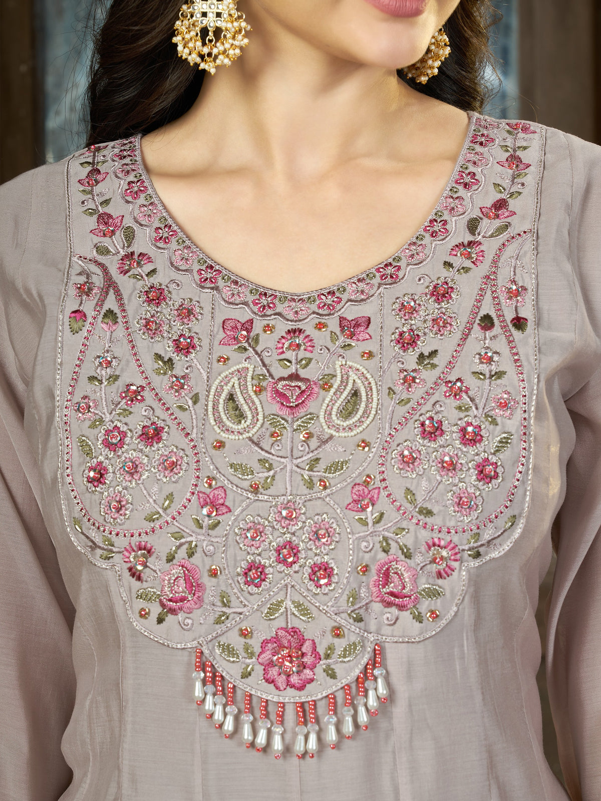 Women's Anarkali Kurti Set in Assorted Colors Mal Chanderi with Hand Embroidery