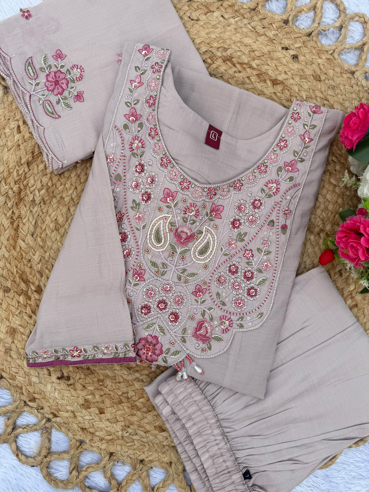Women's Anarkali Kurti Set in Assorted Colors Mal Chanderi with Hand Embroidery