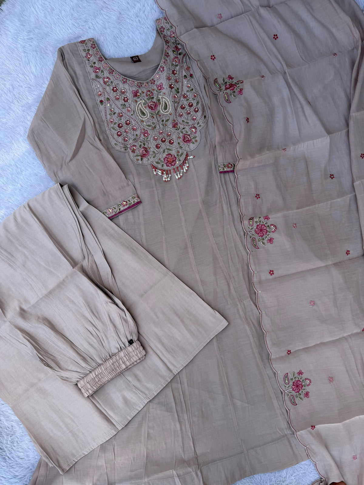 Women's Anarkali Kurti Set in Assorted Colors Mal Chanderi with Hand Embroidery