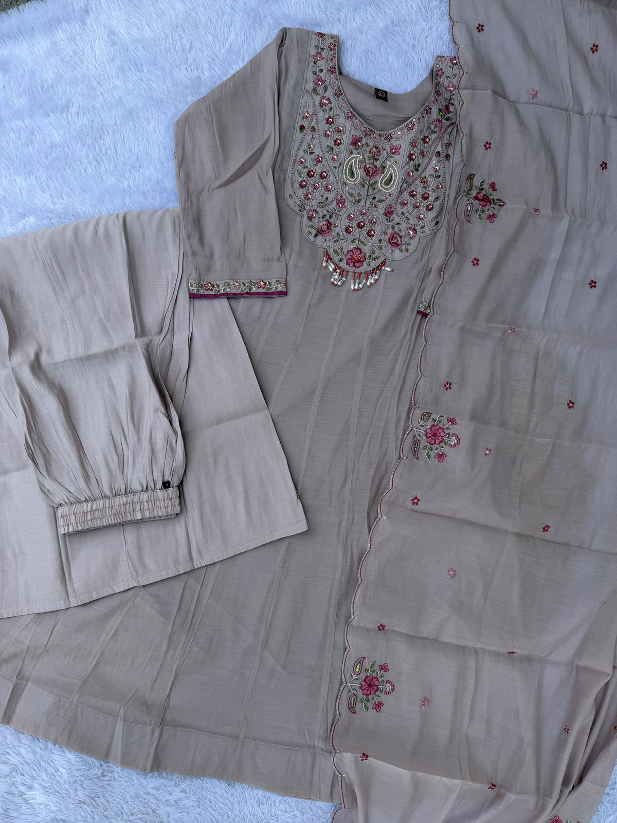 Women's Anarkali Kurti Set in Assorted Colors Mal Chanderi with Hand Embroidery
