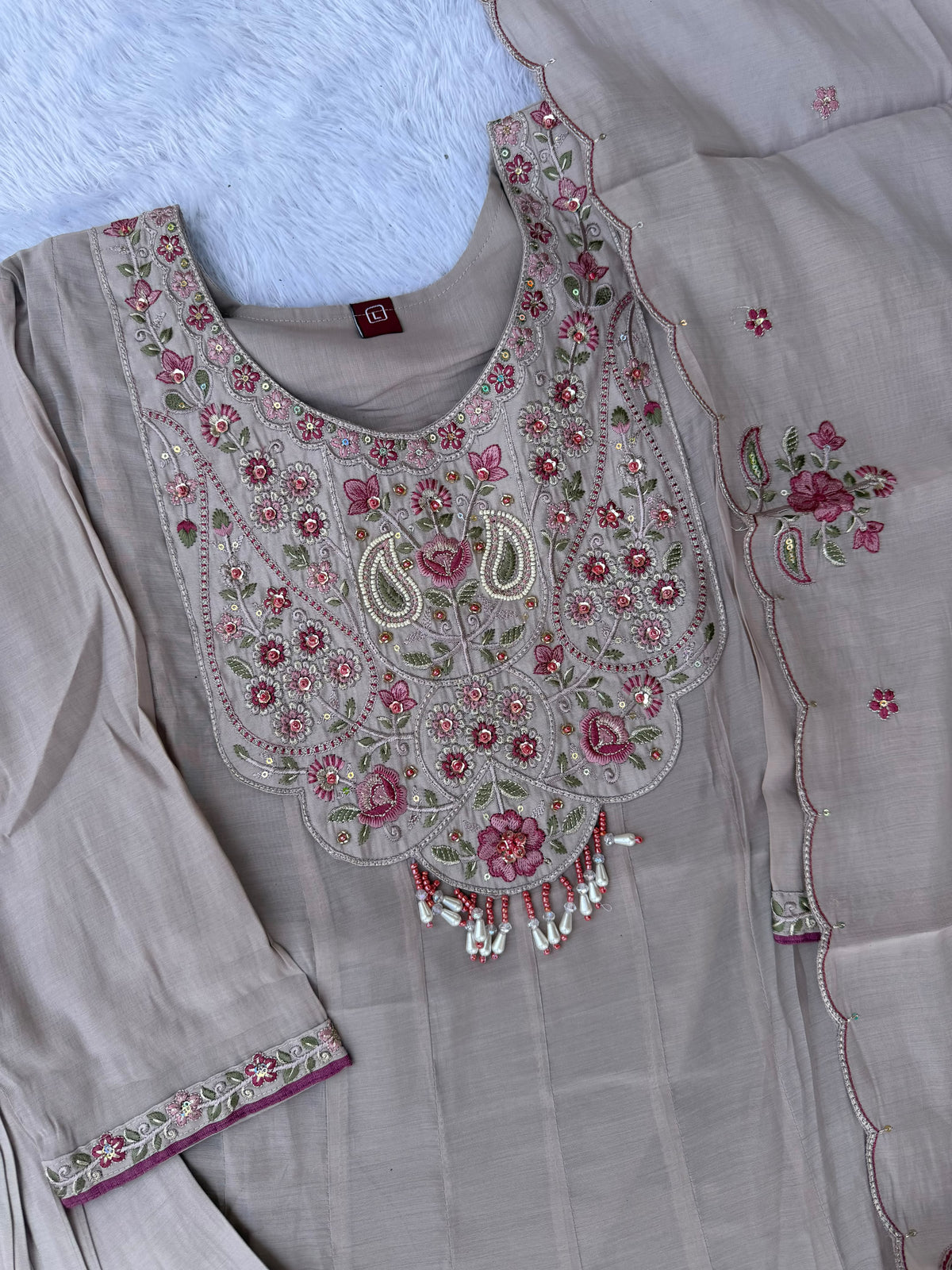 Women's Anarkali Kurti Set in Assorted Colors Mal Chanderi with Hand Embroidery
