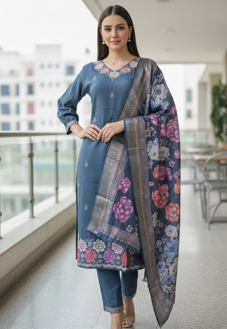 Women's Kurti Pant Set in Aqua Blue & Cream Cotton Silk with Hand Embroidery