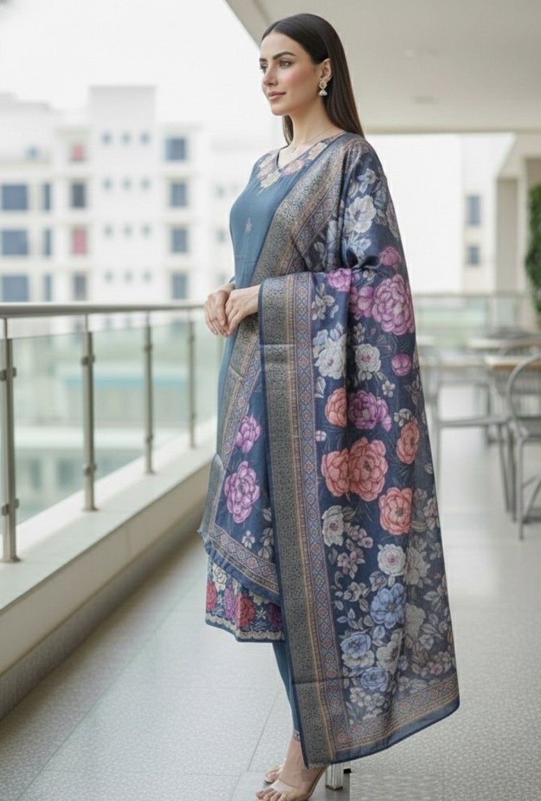 Women's Kurti Pant Set in Aqua Blue & Cream Cotton Silk with Hand Embroidery