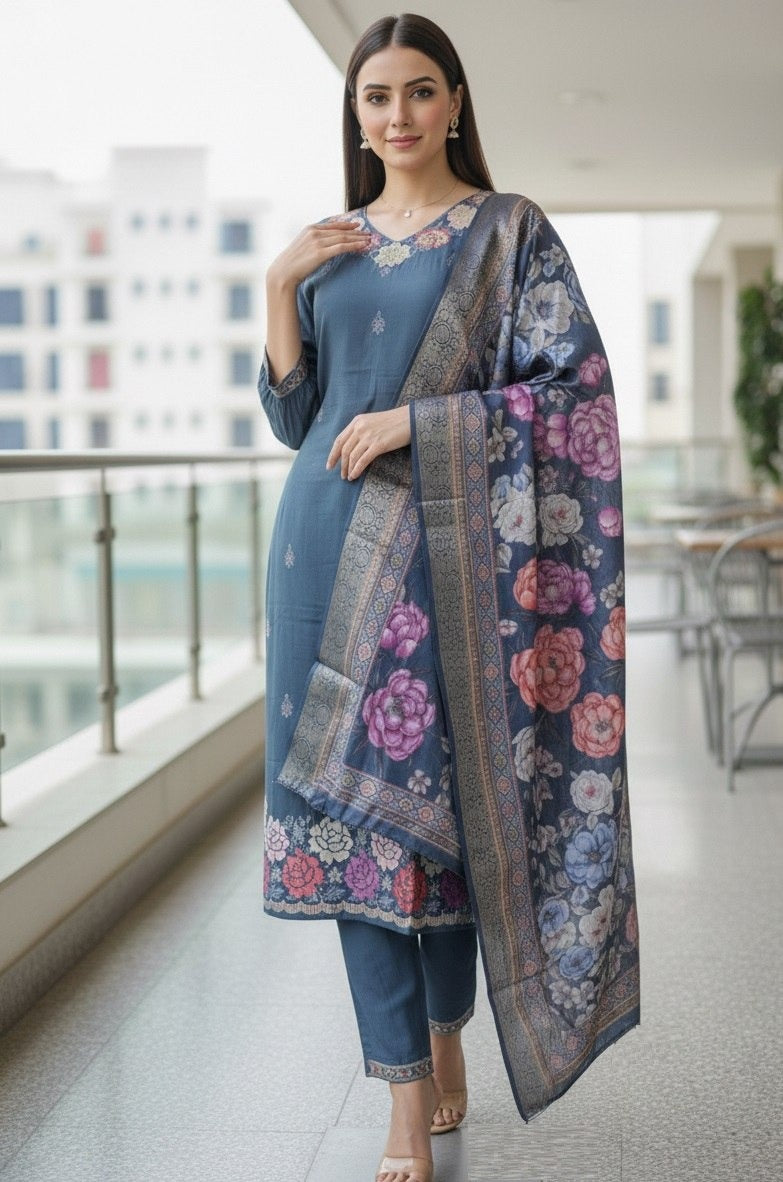 Women's Kurti Pant Set in Aqua Blue & Cream Cotton Silk with Hand Embroidery