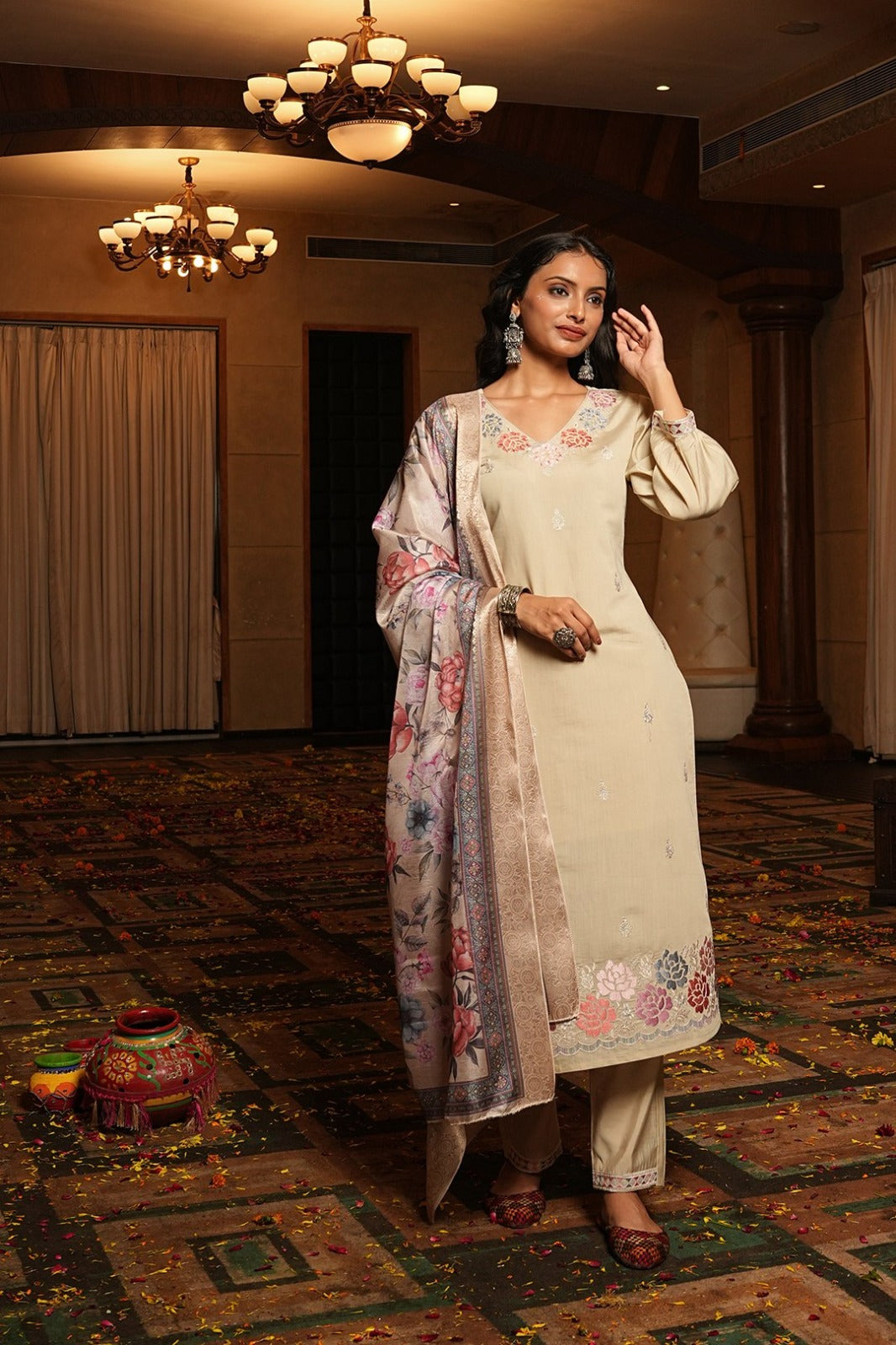 Women's Kurti Pant Set in Aqua Blue & Cream Cotton Silk with Hand Embroidery
