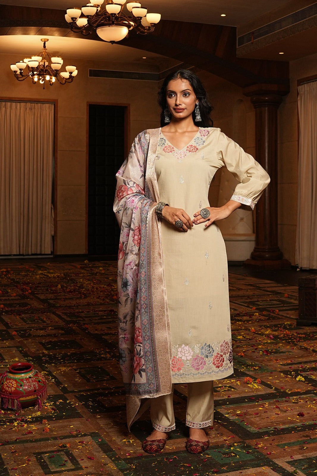 Women's Kurti Pant Set in Aqua Blue & Cream Cotton Silk with Hand Embroidery