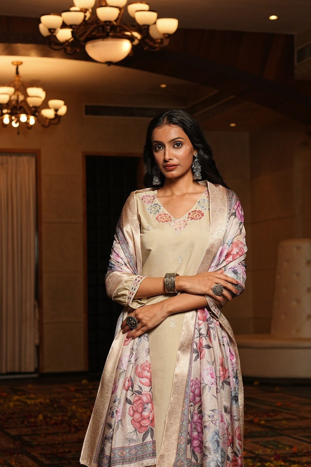 Women's Kurti Pant Set in Aqua Blue & Cream Cotton Silk with Hand Embroidery