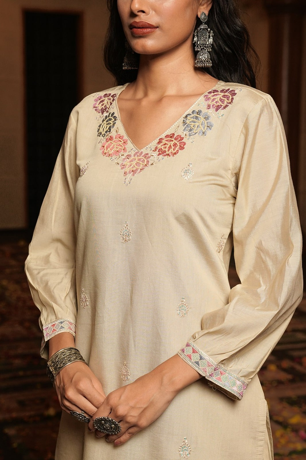 Women's Kurti Pant Set in Aqua Blue & Cream Cotton Silk with Hand Embroidery