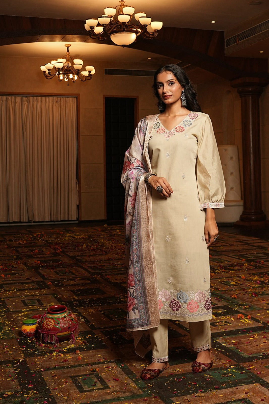 Women's Kurti Pant Set in Aqua Blue & Cream Cotton Silk with Hand Embroidery