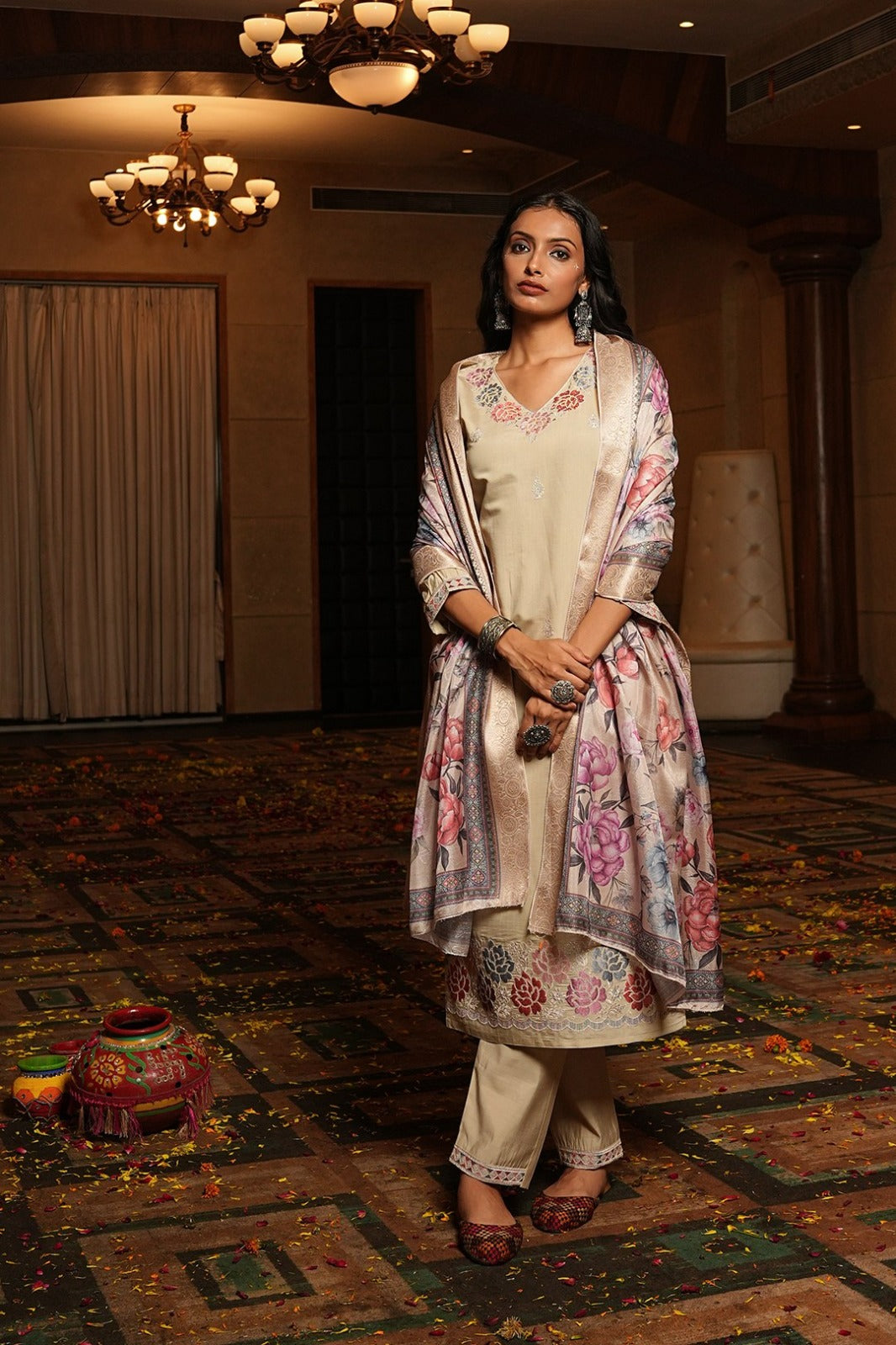 Women's Kurti Pant Set in Aqua Blue & Cream Cotton Silk with Hand Embroidery