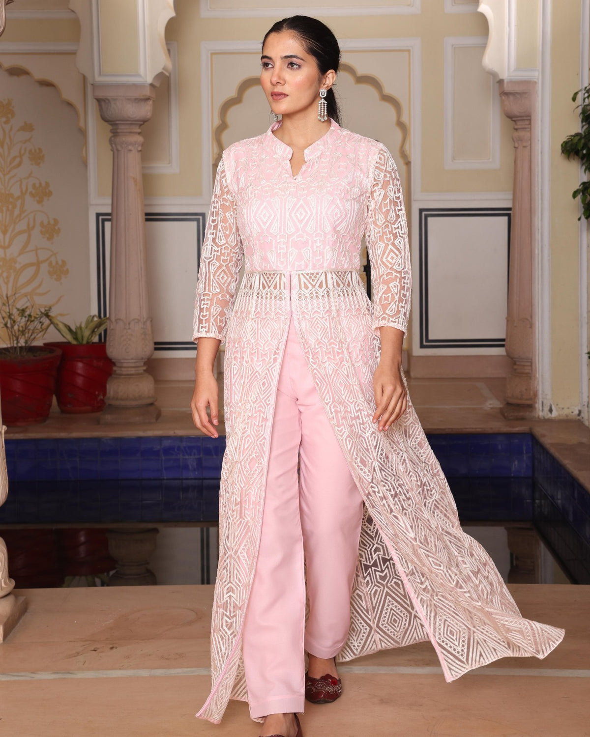 Women's Indo-Western Top Pant Set in Peach Net with Chain Stitch Embroidery